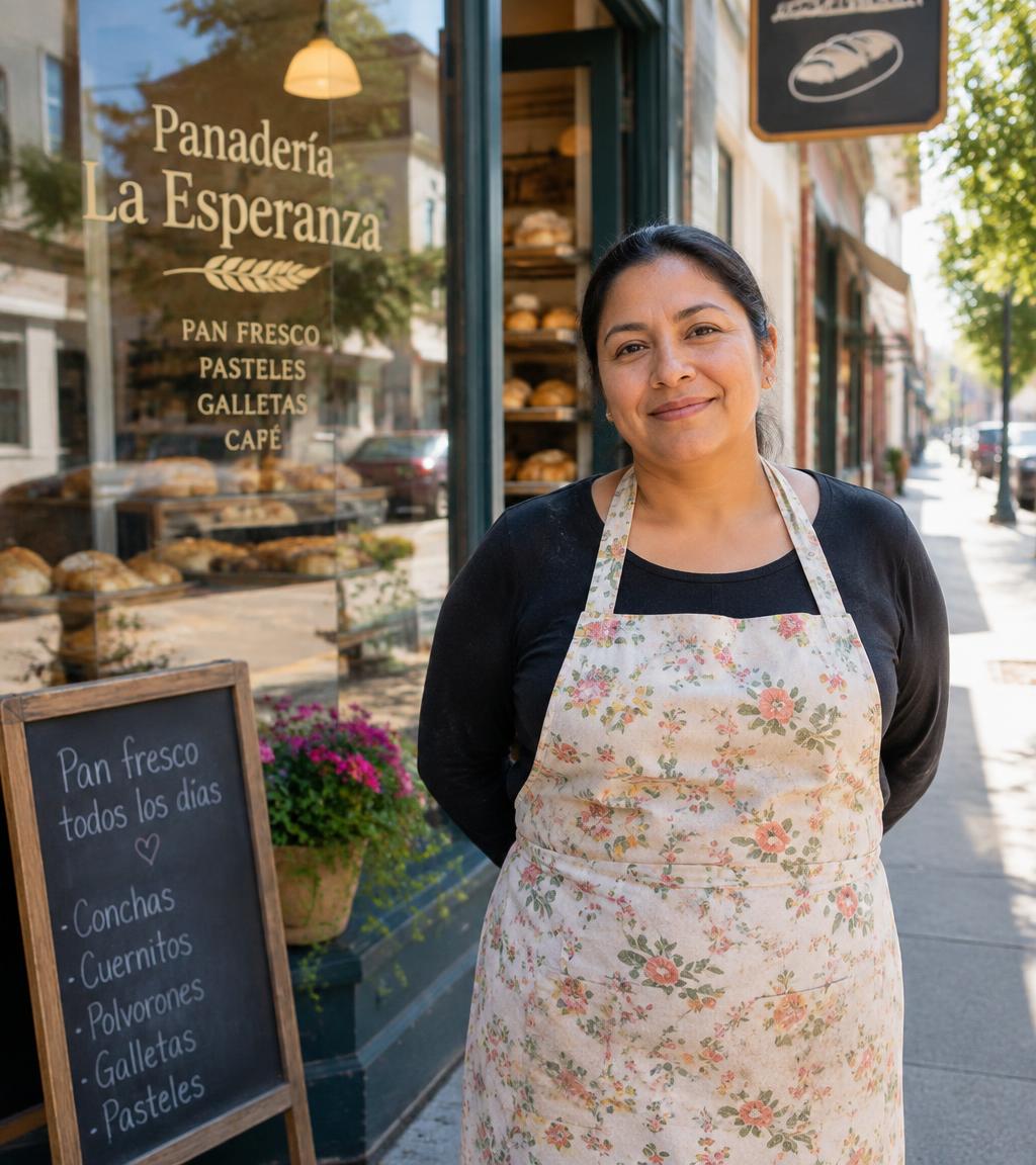 Bakery owner in front of her Main Street storefront