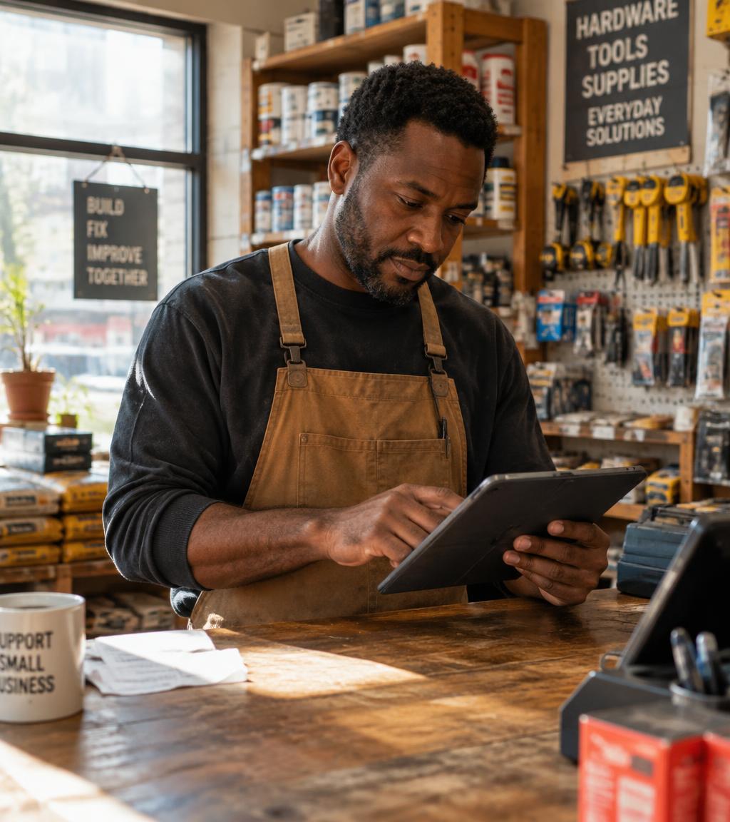 Shop owner reviewing vendor invoices at his counter