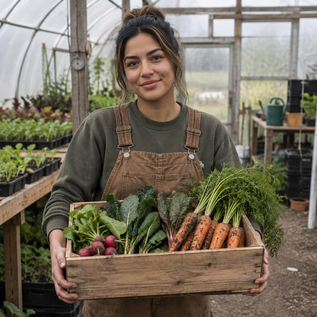Urban farm founder holding a crate of fresh produce